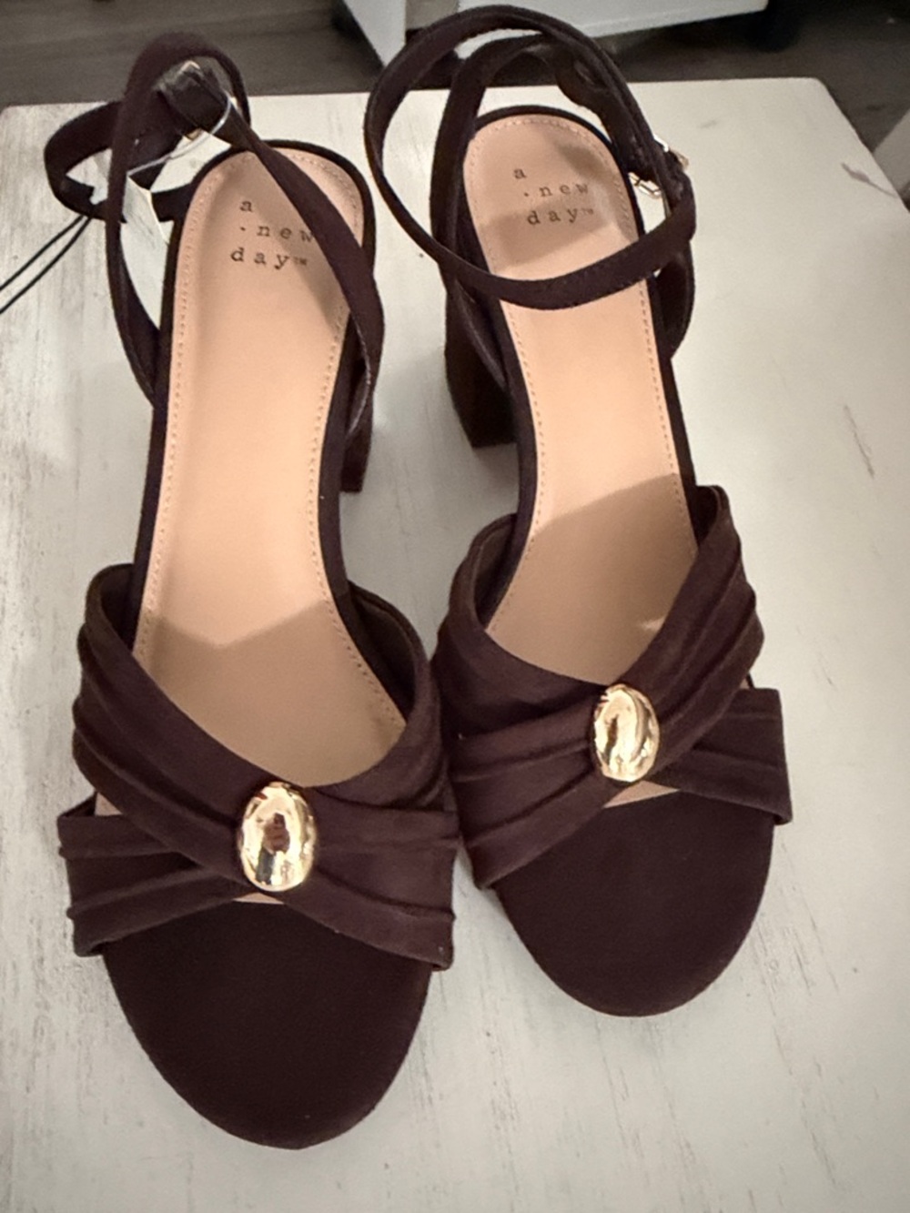 a new day Dark Brown Block Heel Sandals with Gold Accent suede